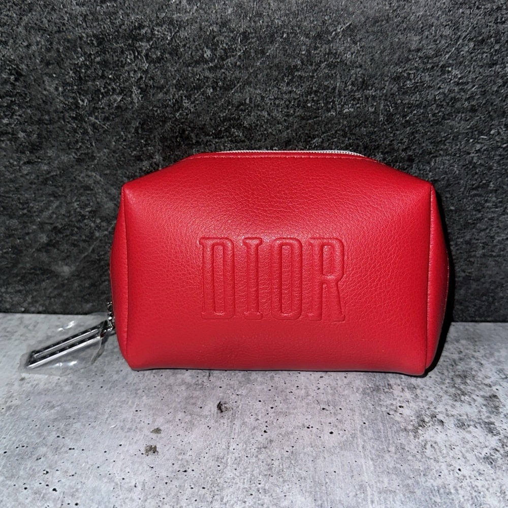 Christian Dior Makeup Pouch Red Faux Leather Cosmetic Bag Silver Dior Zipper New